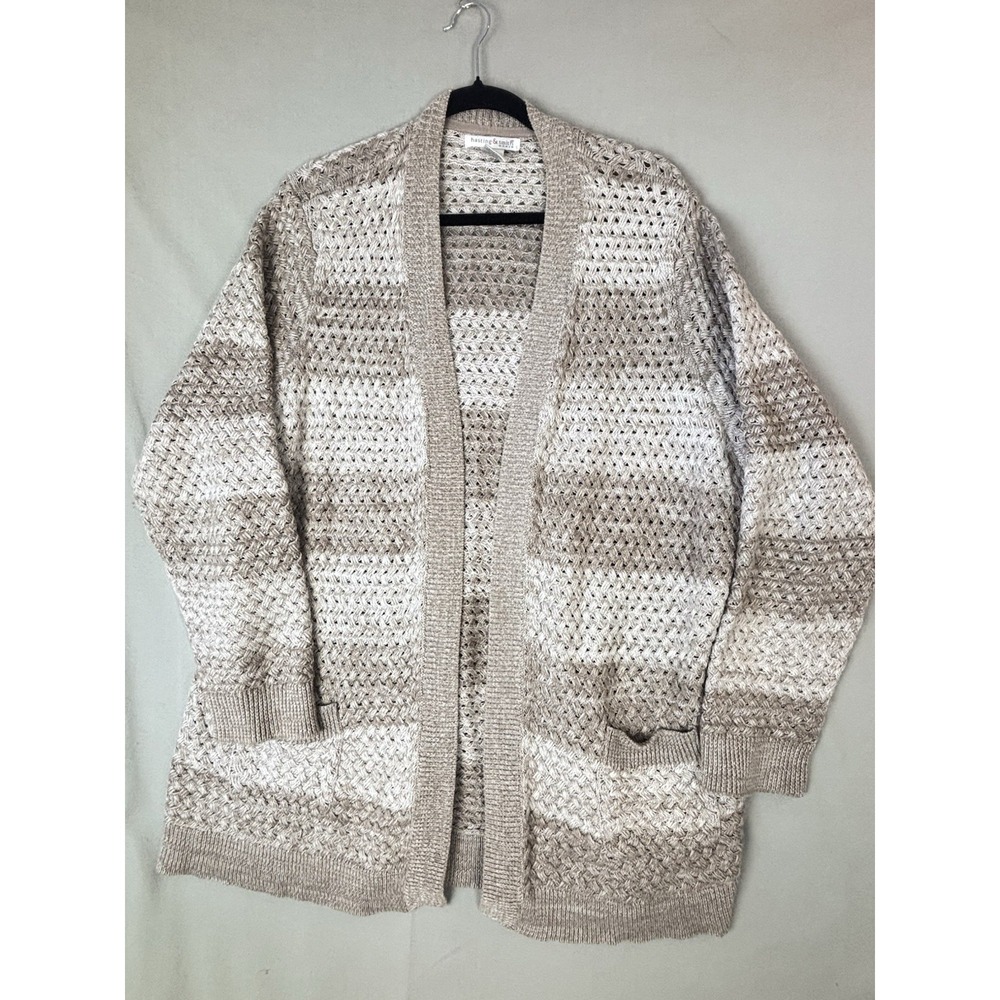 Hasting & Smith Women's 3X Knit Cardigan Tan White Long Sleeve Open Front Sweate